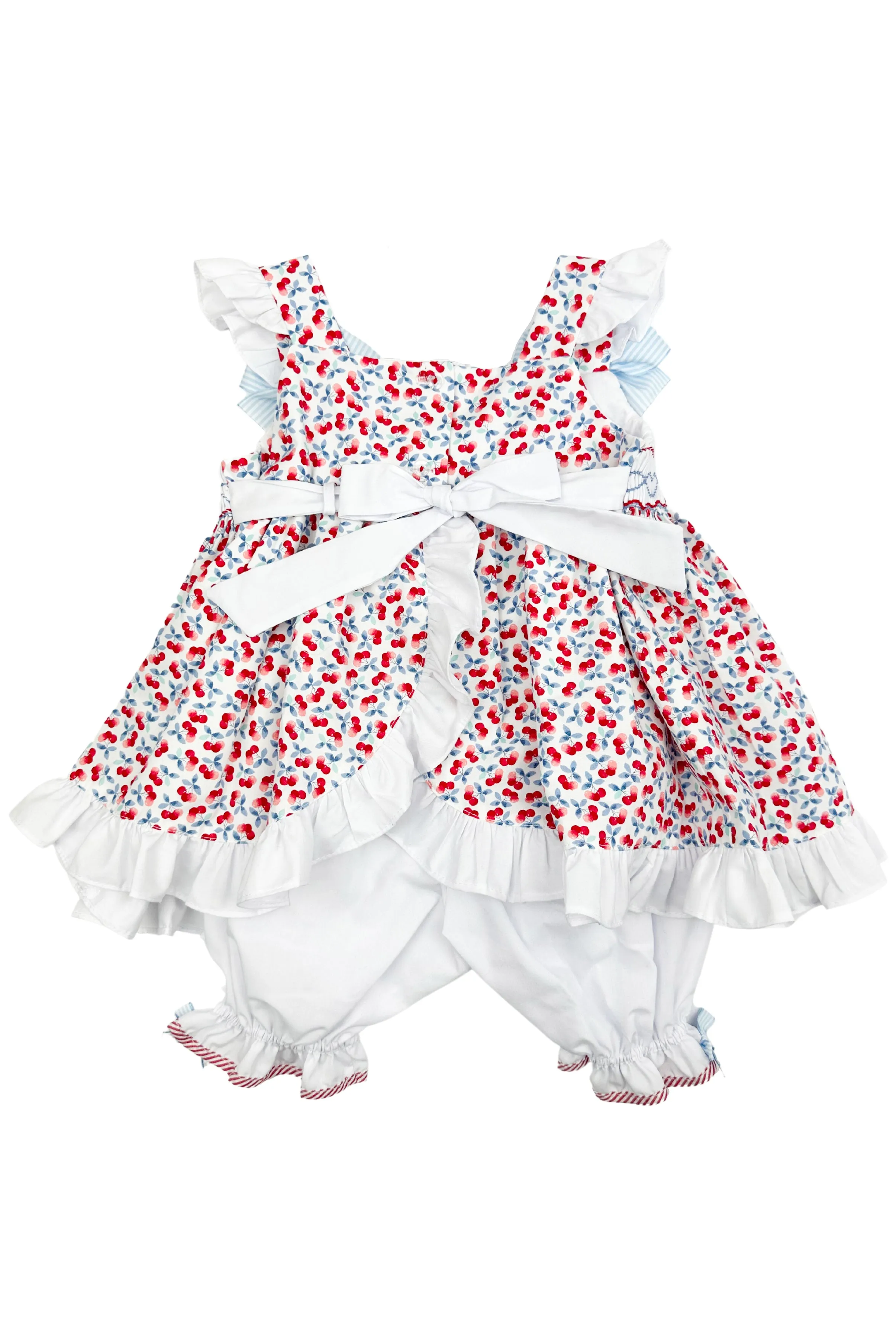 "Birdie" Red Cherry Print Smocked Dress, Bloomers & Headband