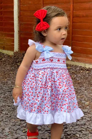 "Birdie" Red Cherry Print Smocked Dress, Bloomers & Headband