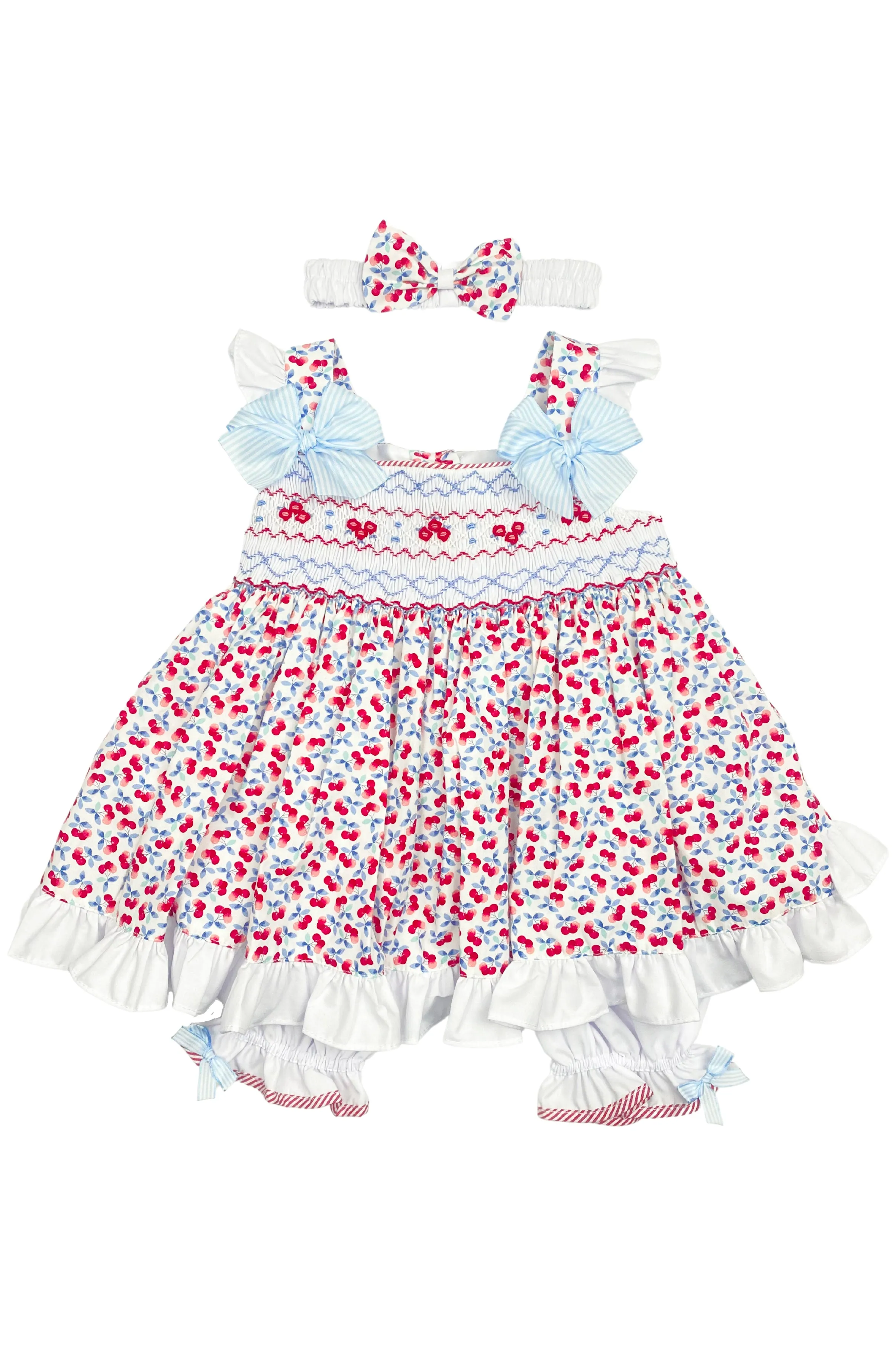 "Birdie" Red Cherry Print Smocked Dress, Bloomers & Headband