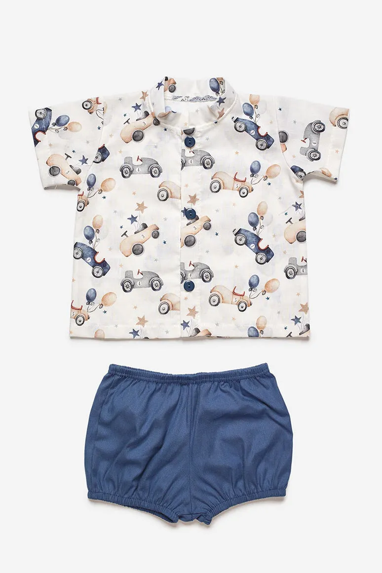 "Enzo" Midnight Blue Car Print Shirt & Shorts