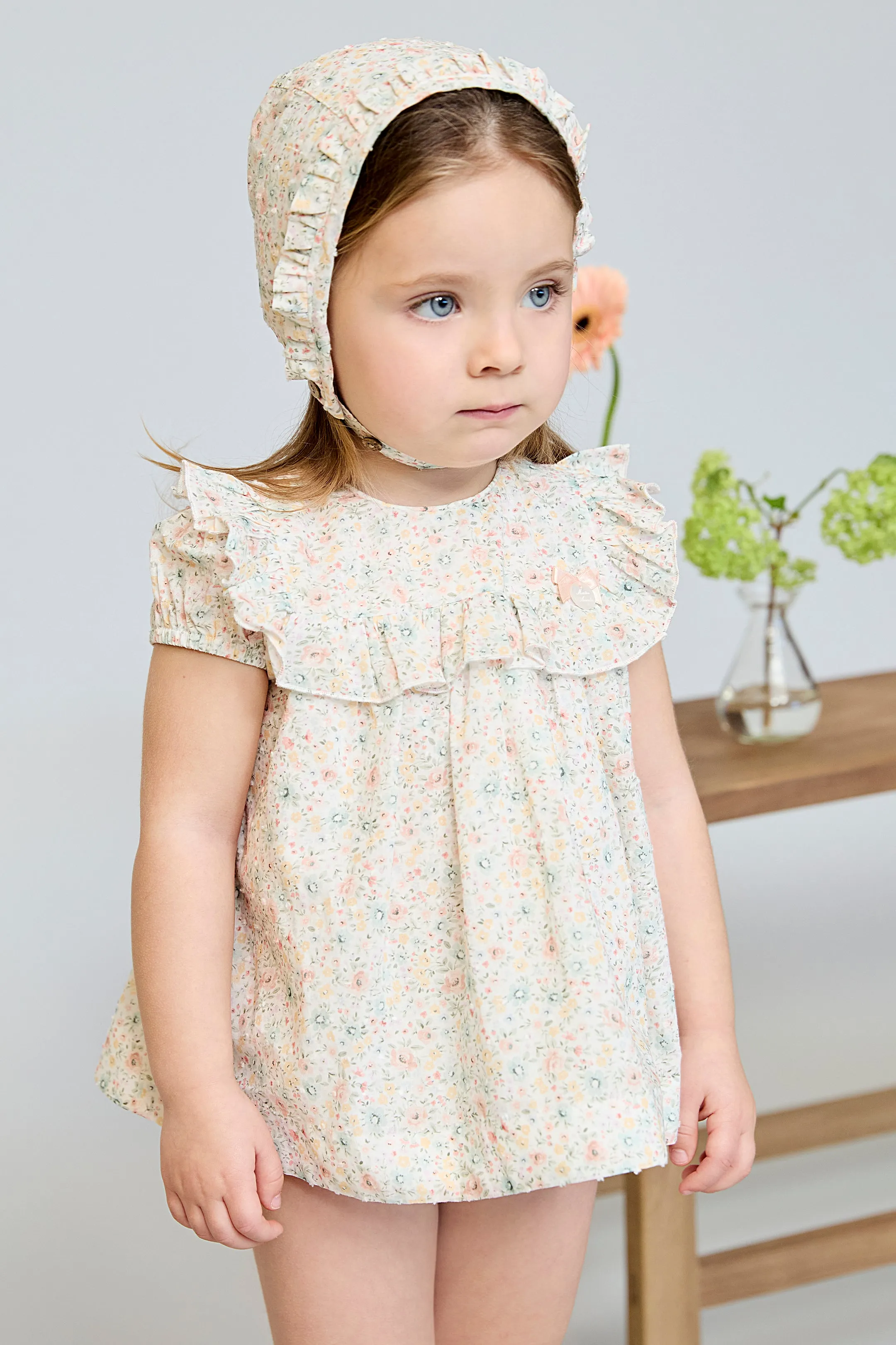 "Marigold" Pink & Sage Green Floral Dress & Bloomers