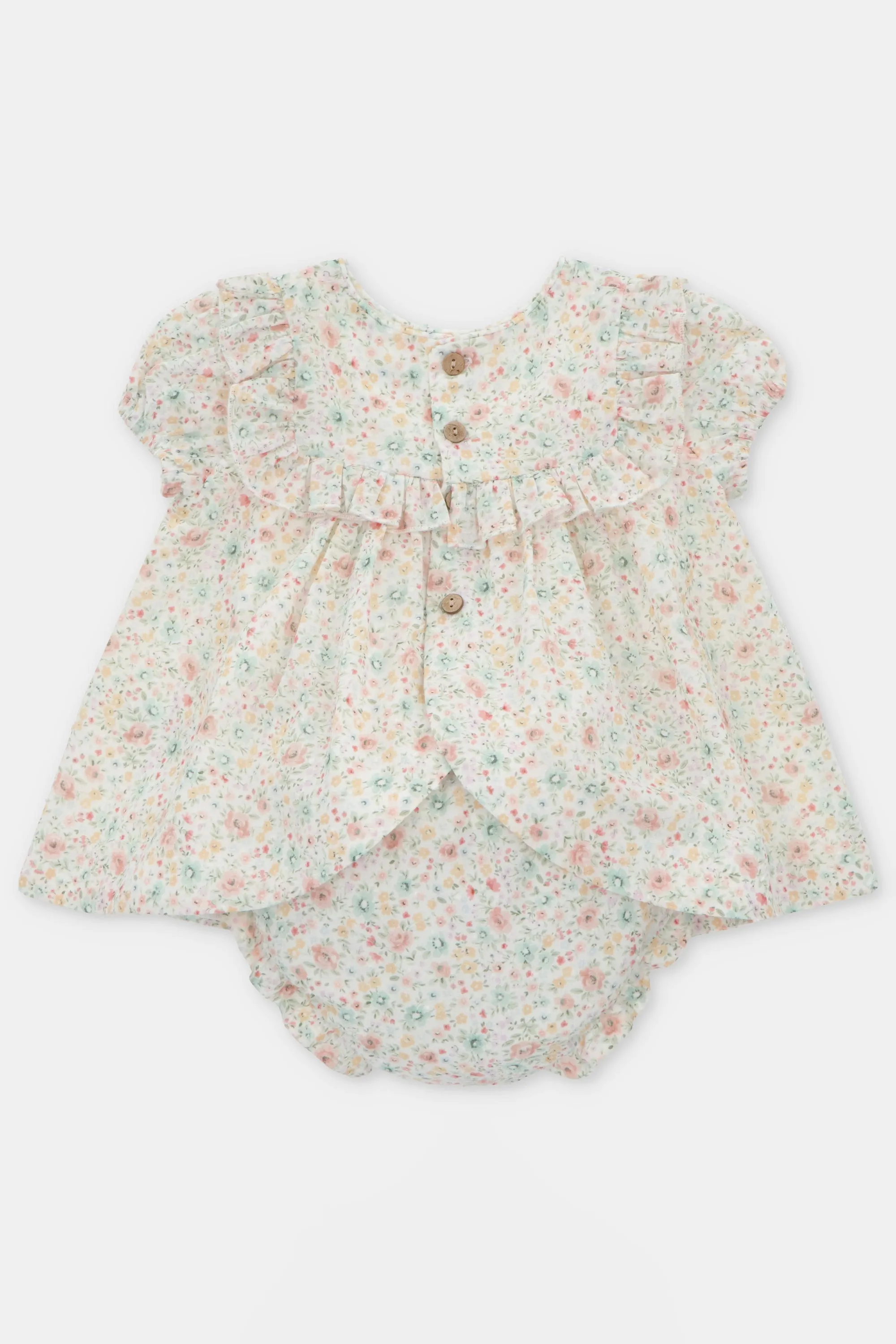 "Marigold" Pink & Sage Green Floral Dress & Bloomers