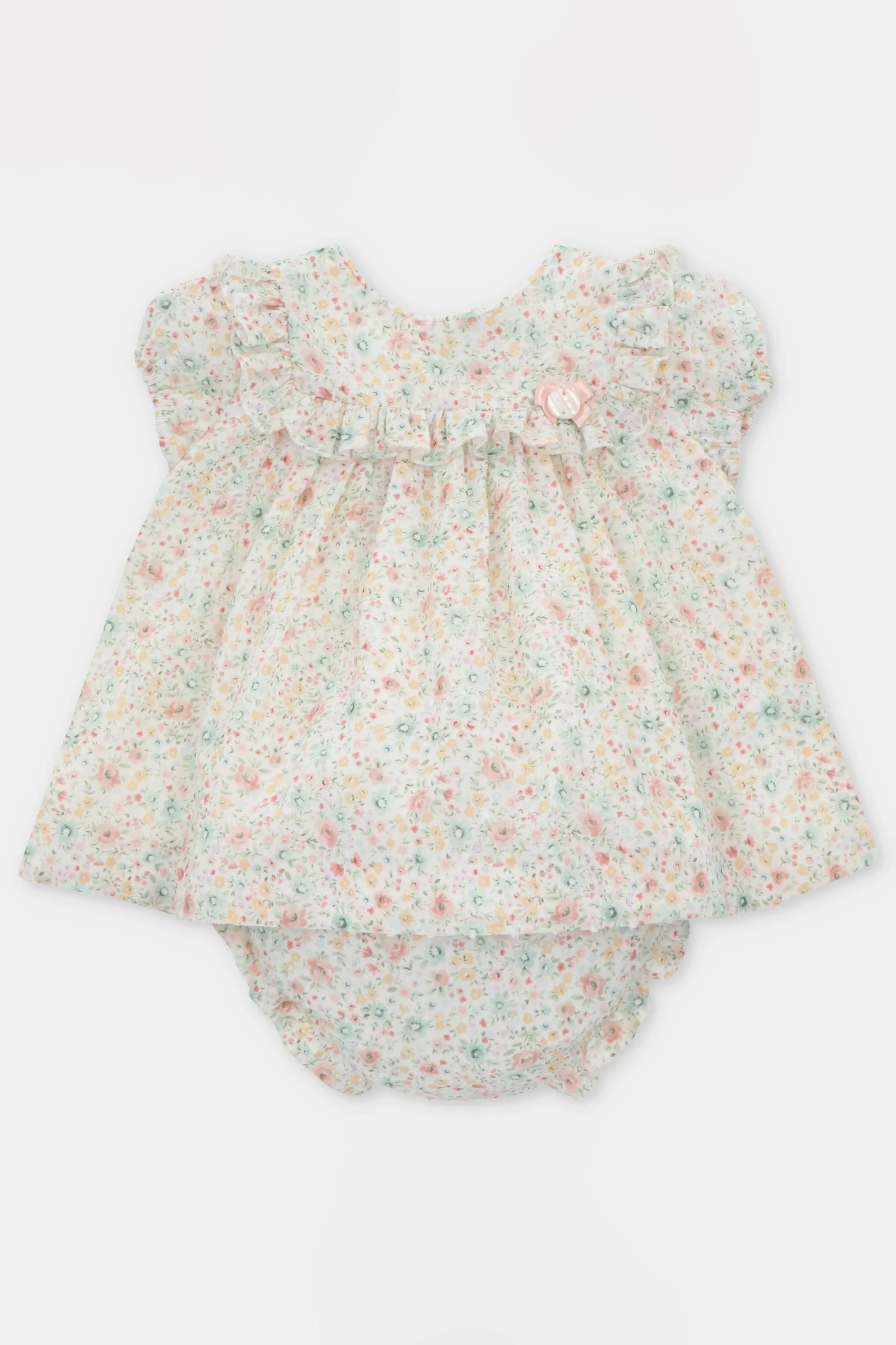 "Marigold" Pink & Sage Green Floral Dress & Bloomers