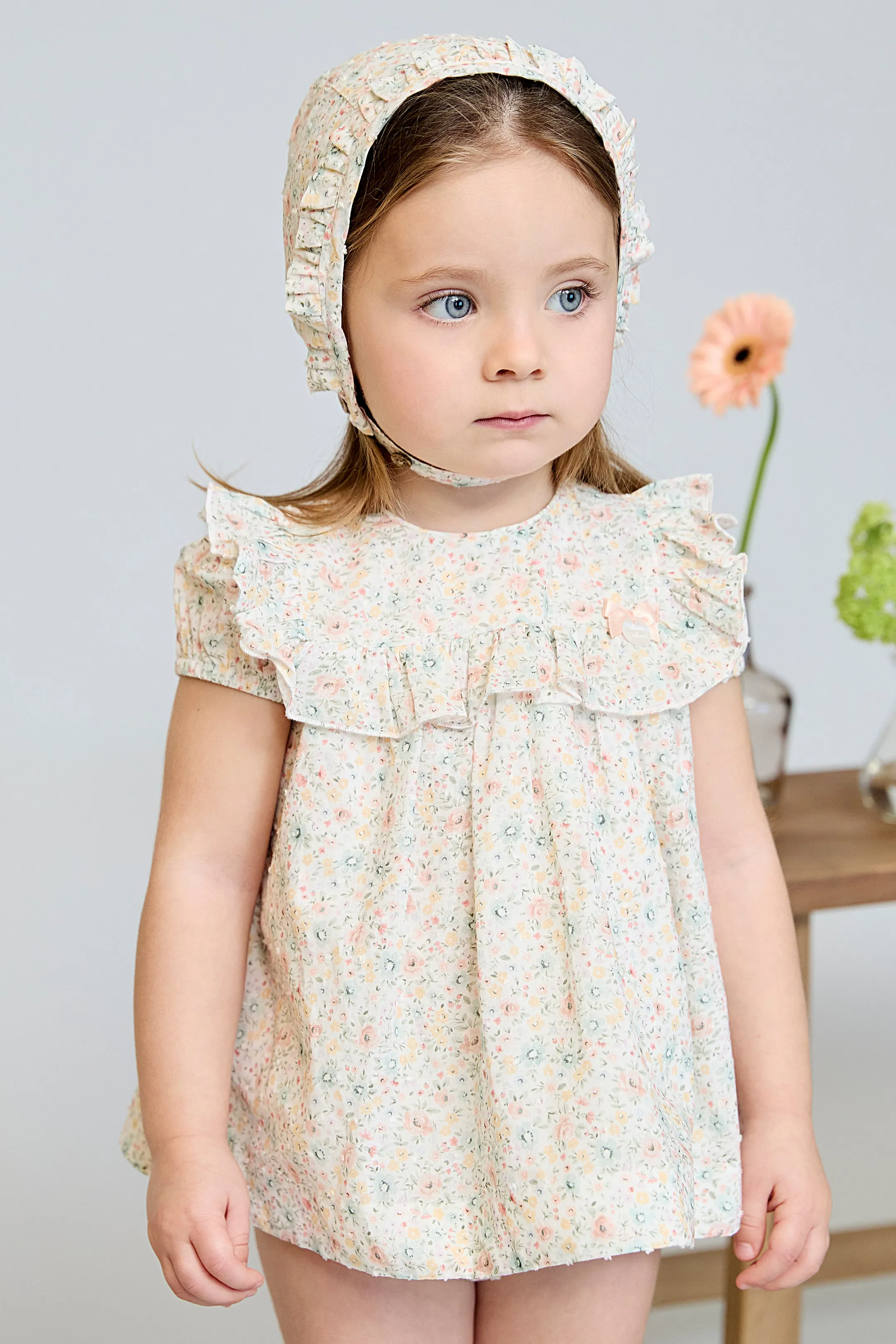 "Marigold" Pink & Sage Green Floral Dress & Bloomers