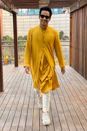Raj Shamani In Our - Mustard Cowl Kurta With Off White Pant