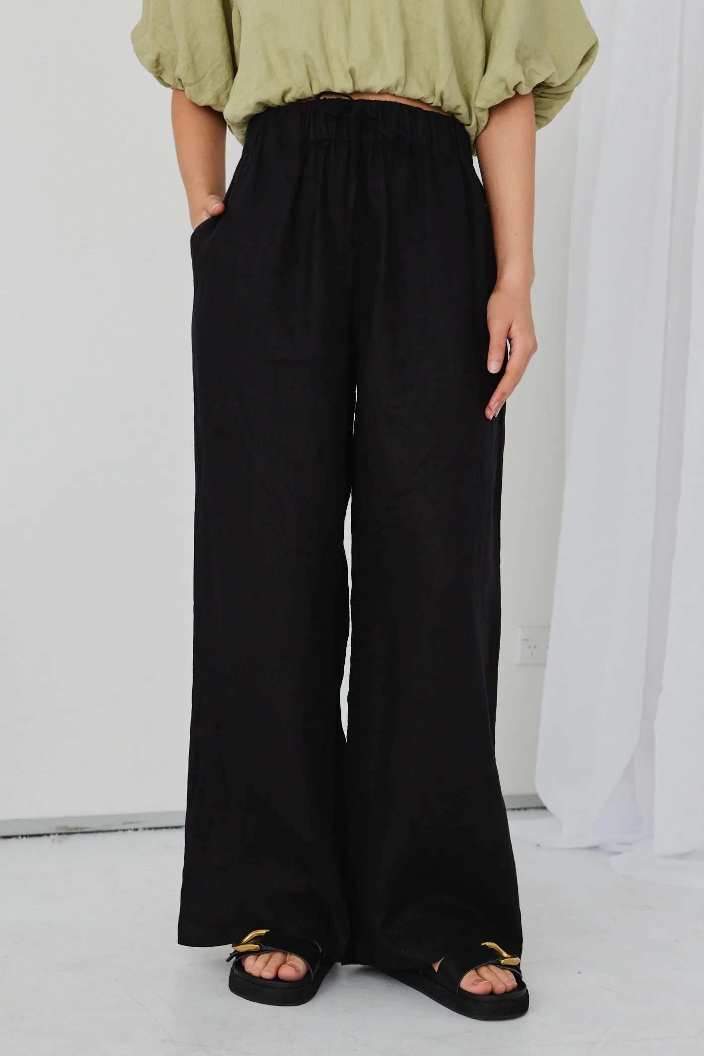 Resort Black Linen Wide Leg Elastic Waist Pant