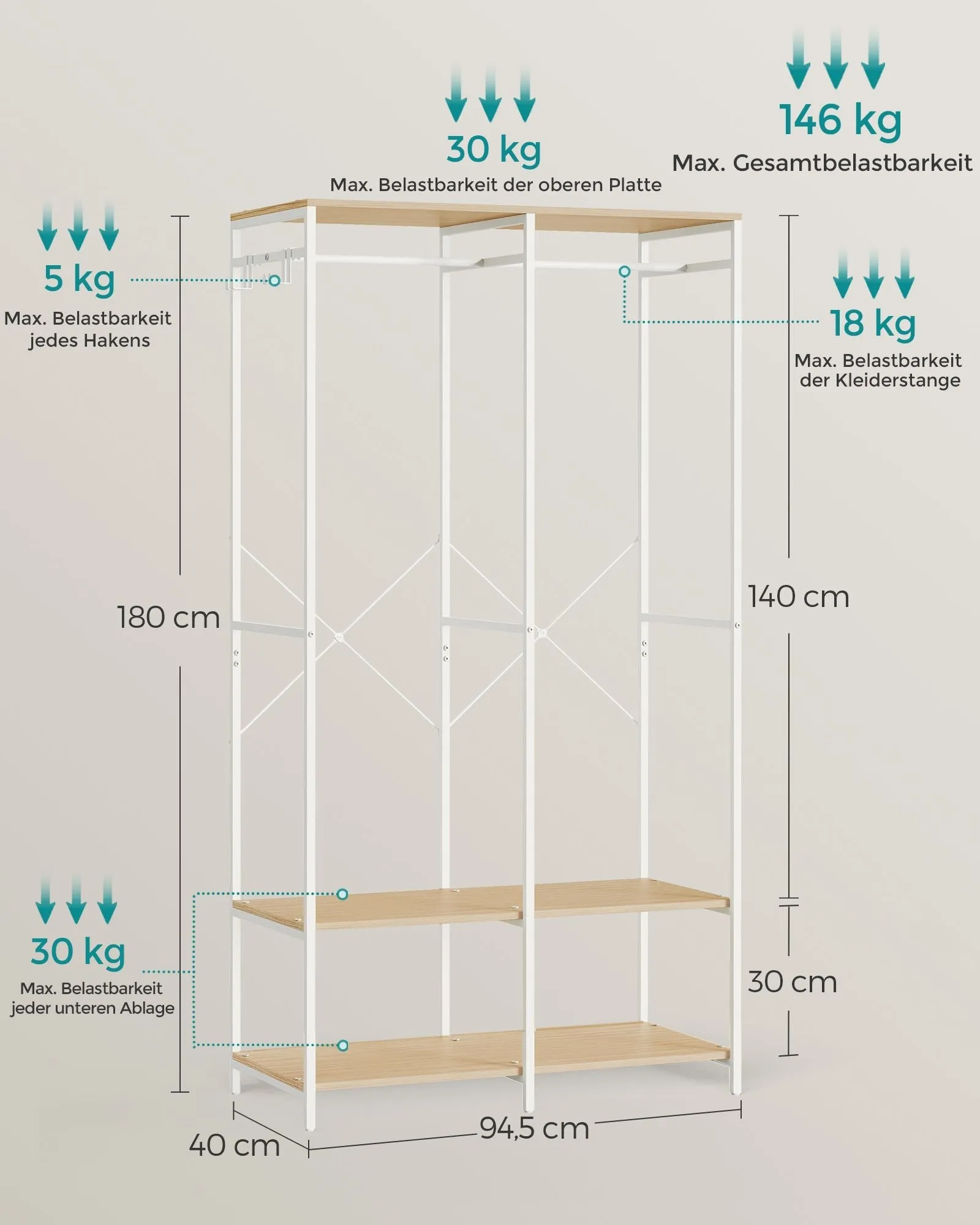Rootz Clothes Rack Organizer - Garment Rack - Wardrobe Stand - Steel Chipboard - Heavy Duty - Natural Beige - 40cm x 94.5cm x 180cm