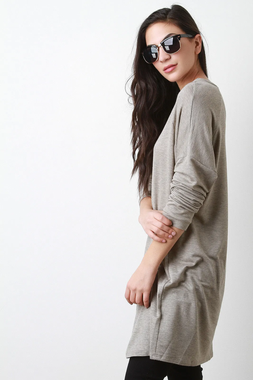 Round Neck Long Dolman Sleeves Tunic Top