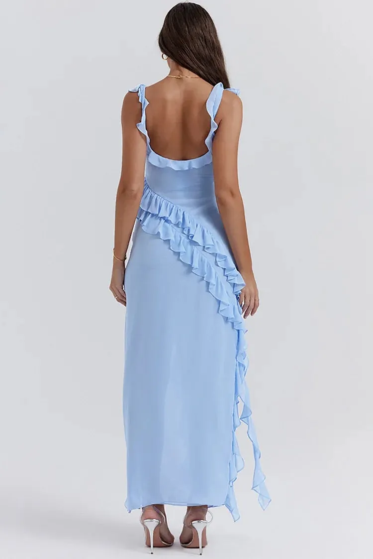 Ruffle Cami Boat Neck Backless High Slit Ruffle Hem Mesh Formal Party Maxi Dresses