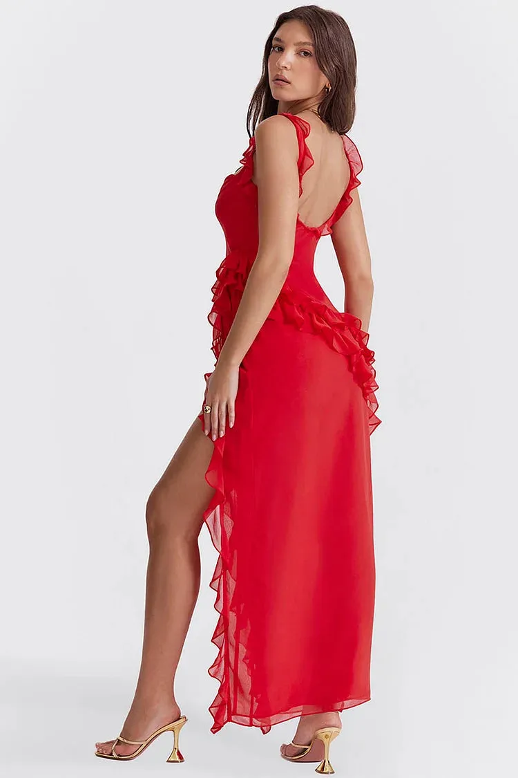 Ruffle Cami Boat Neck Backless High Slit Ruffle Hem Mesh Formal Party Maxi Dresses