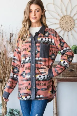 Rust Multi Aztec Button Front Shacket