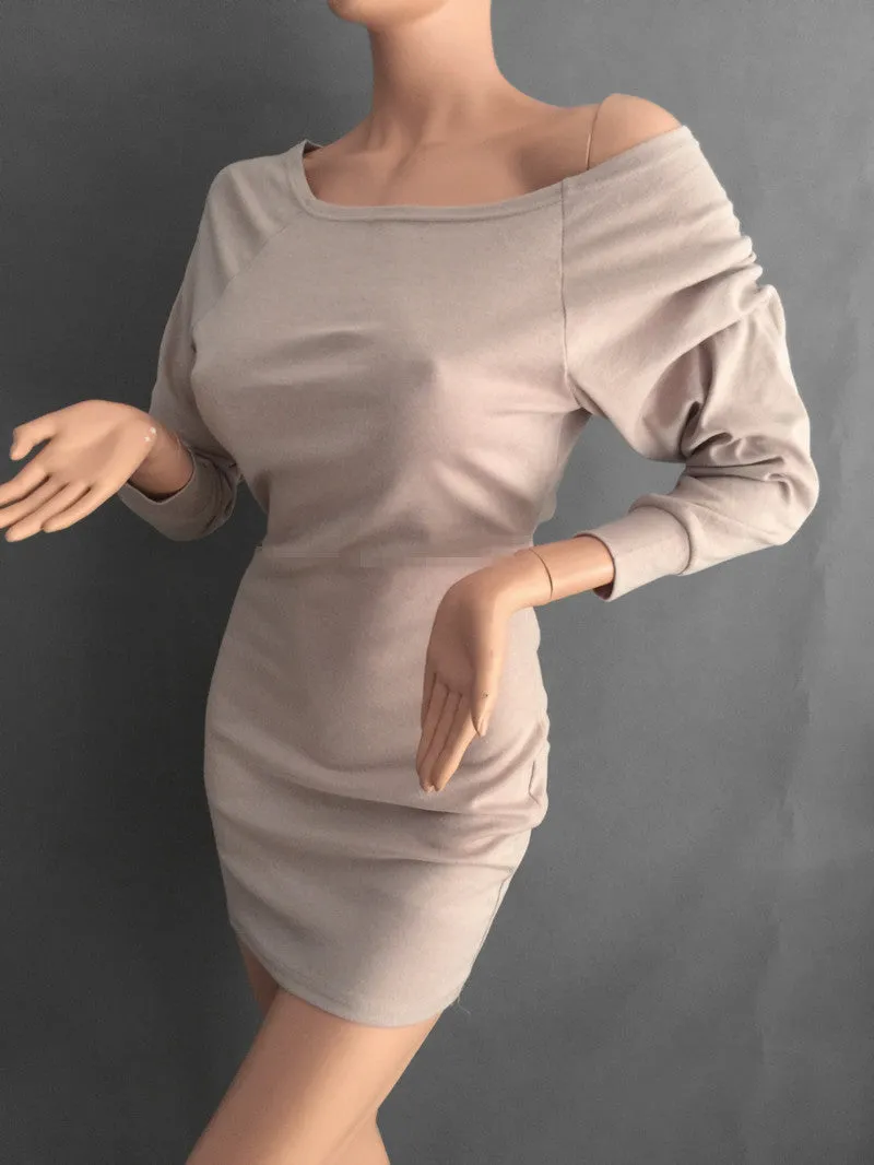 S-XL Khaki Tunic Winter Dress Women Casual Batwing Sleeve Party Dresses Lady Sexy Mini Plus Size Slash Neck Dress Vestidos 15343