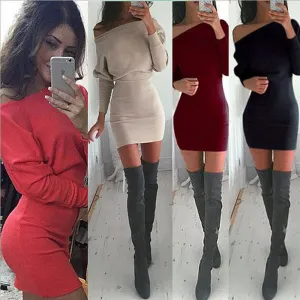 S-XL Khaki Tunic Winter Dress Women Casual Batwing Sleeve Party Dresses Lady Sexy Mini Plus Size Slash Neck Dress Vestidos 15343