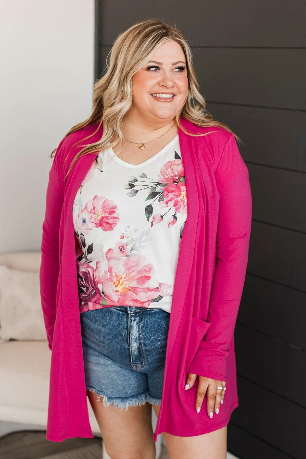 Saying Je T'aime Open Front Cardigan- Hot Pink