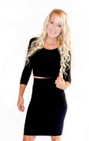 Seamless Ribbed 3/4 Sleeve Crop Top- Black