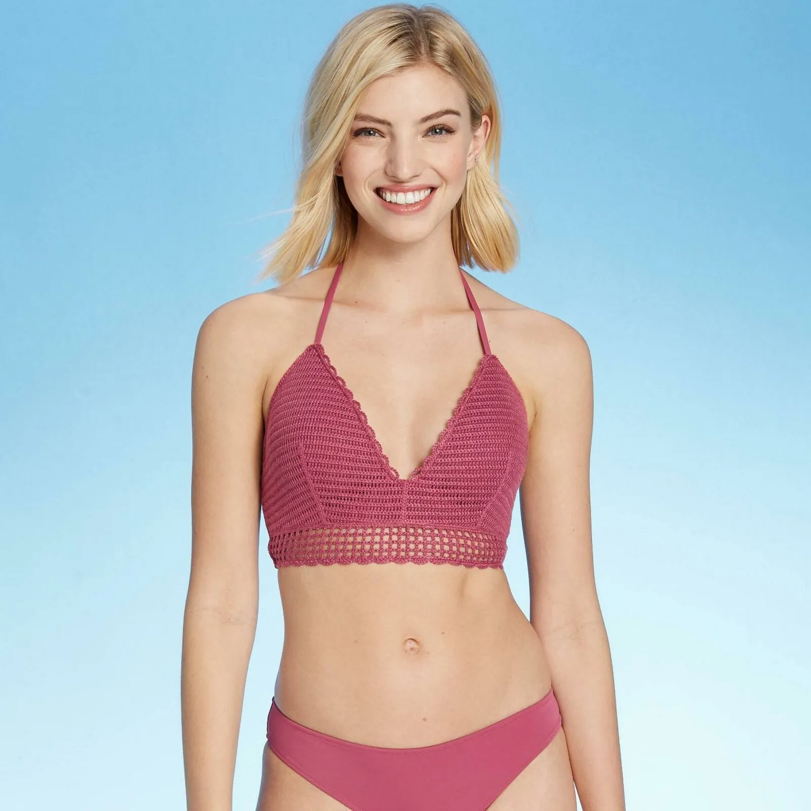 Shade & Shore Women's Lightly Lined Crochet Long Line Bikini Top