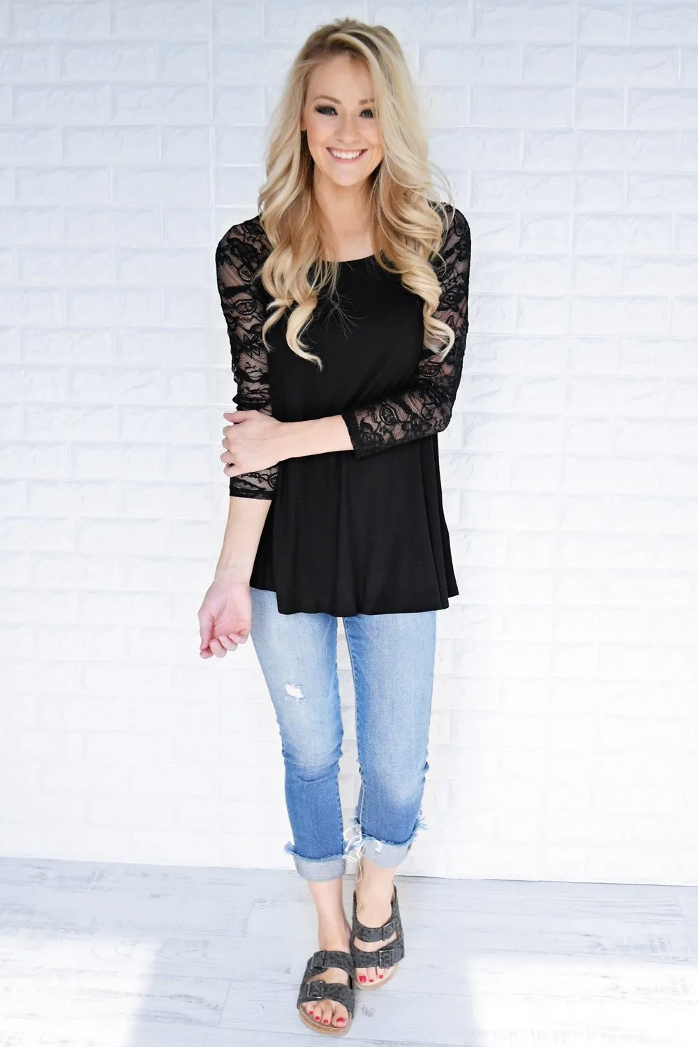 She's a Charmer Black Lace Sleeve Top