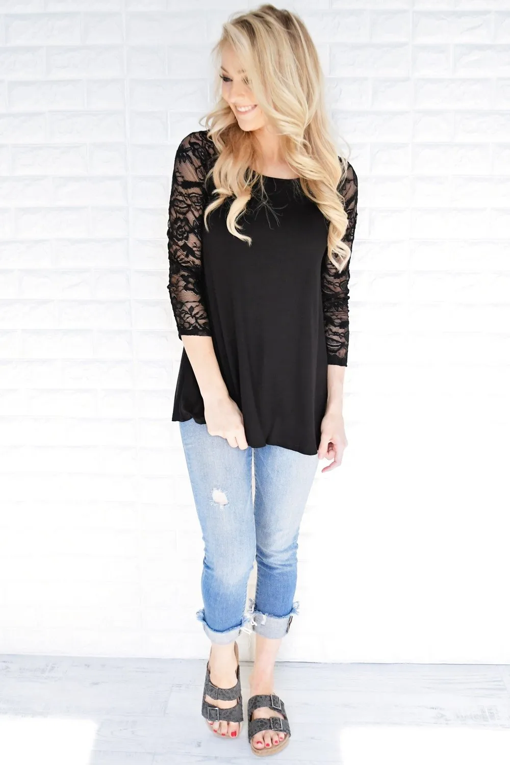 She's a Charmer Black Lace Sleeve Top