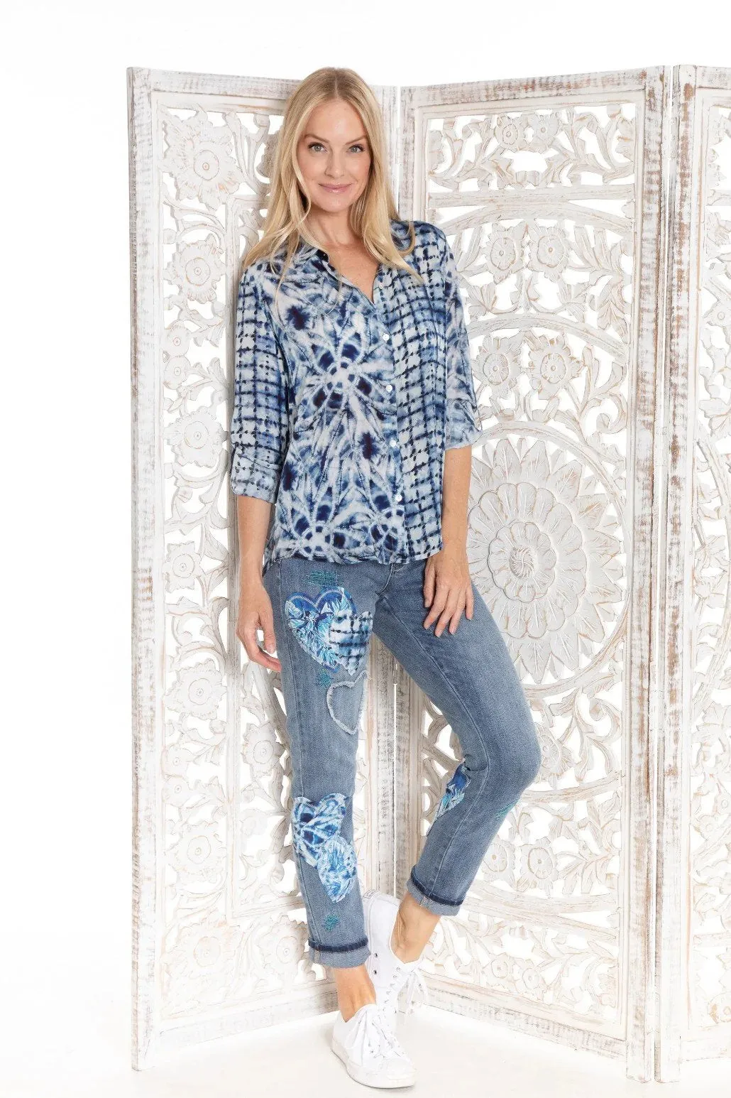 Shibori Mix Print Button Front Top
