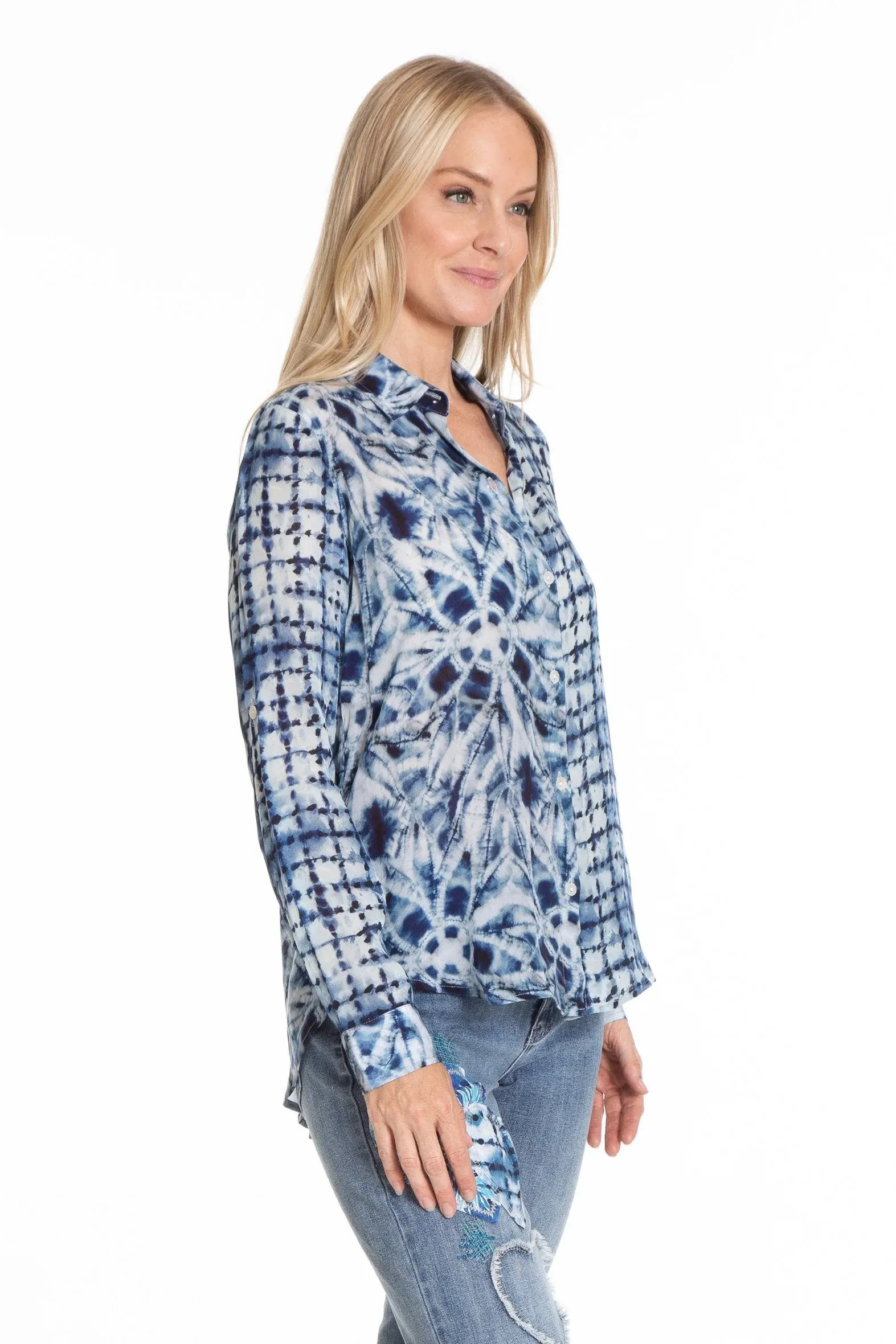 Shibori Mix Print Button Front Top