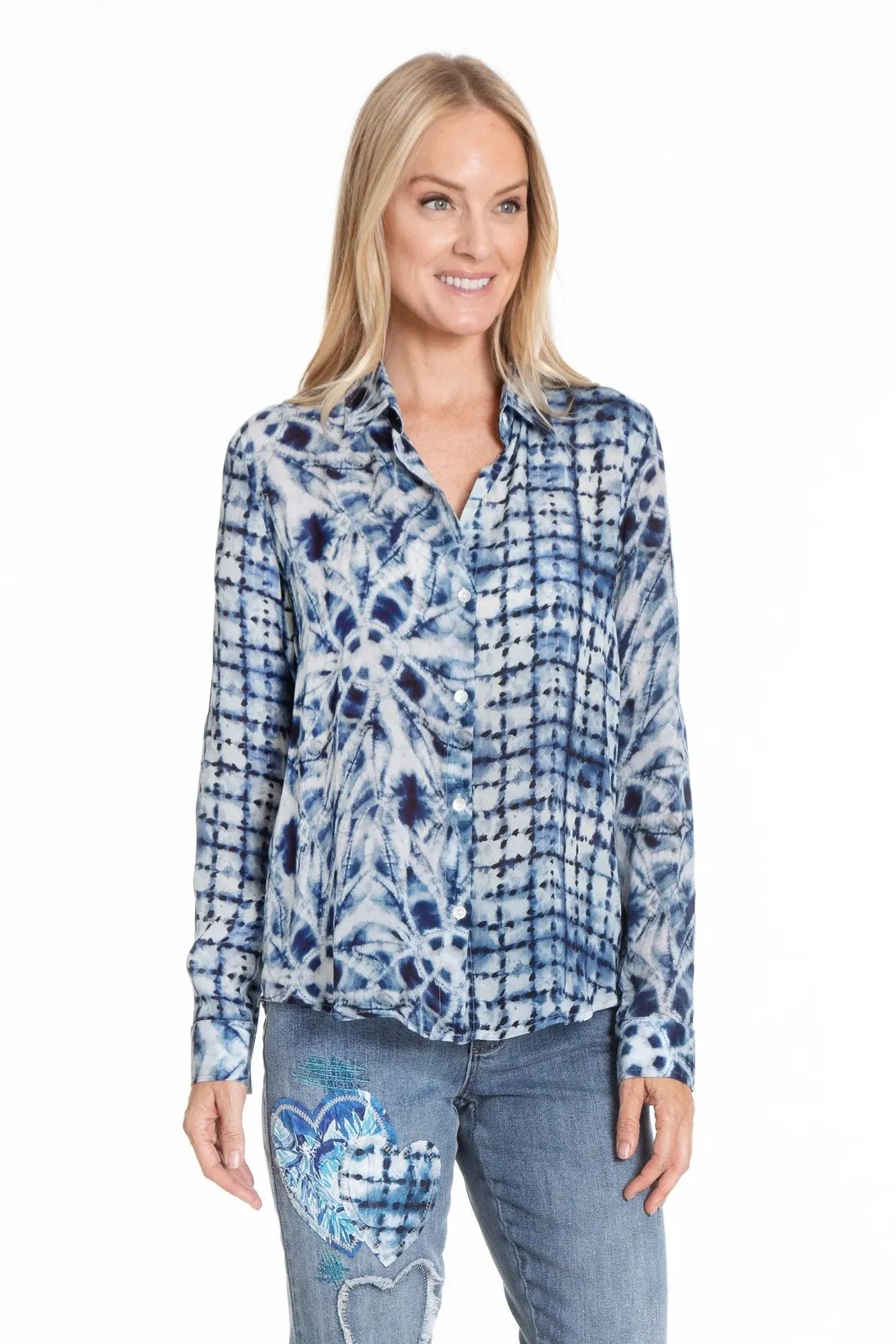 Shibori Mix Print Button Front Top