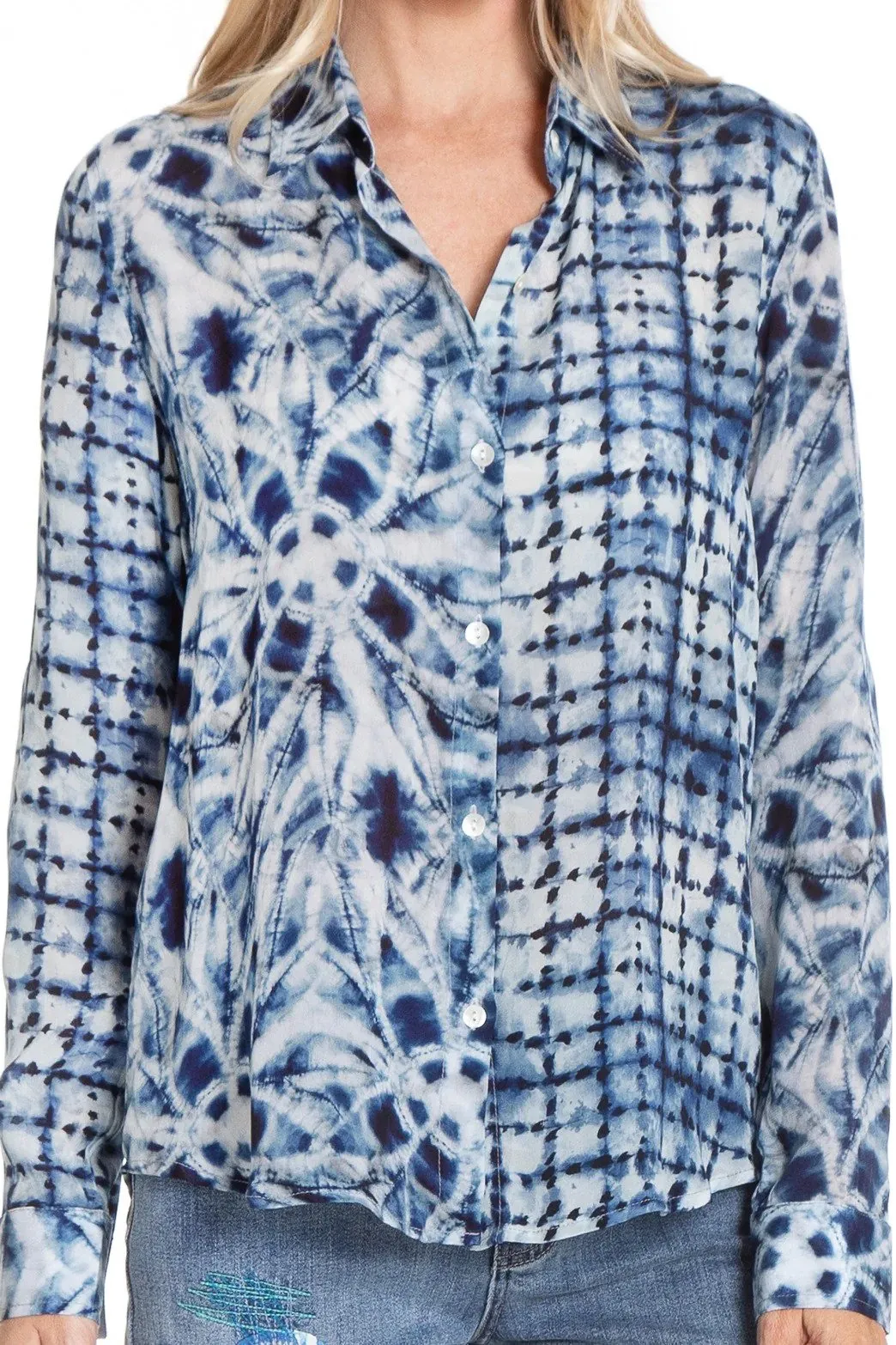 Shibori Mix Print Button Front Top