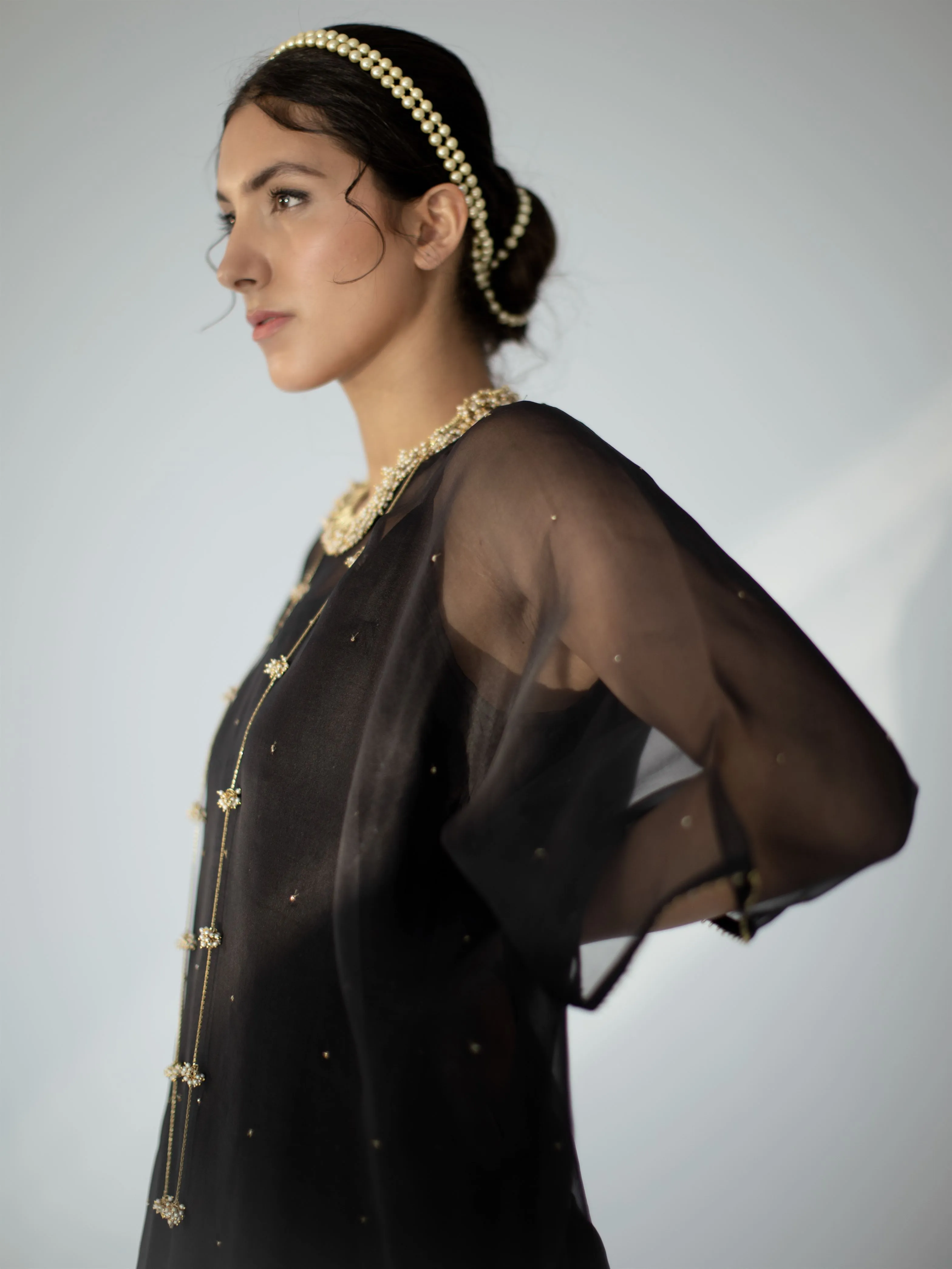 Shikha Mehta Ruth Black Zadie Cape Set Silk Organza Muslin Silk Silk Chanderi Black Hana Ss21F-Bc