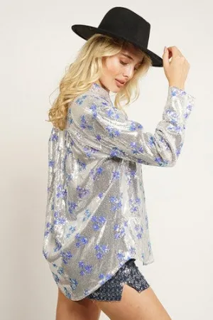 Silver Sequin Star Button Front Top