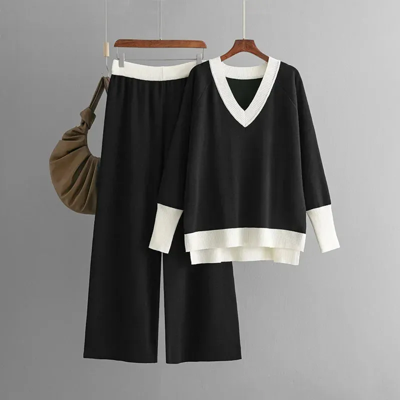 Silvia - Elegant set consisting of a long-sleeved knitted top and pants with a V-neck