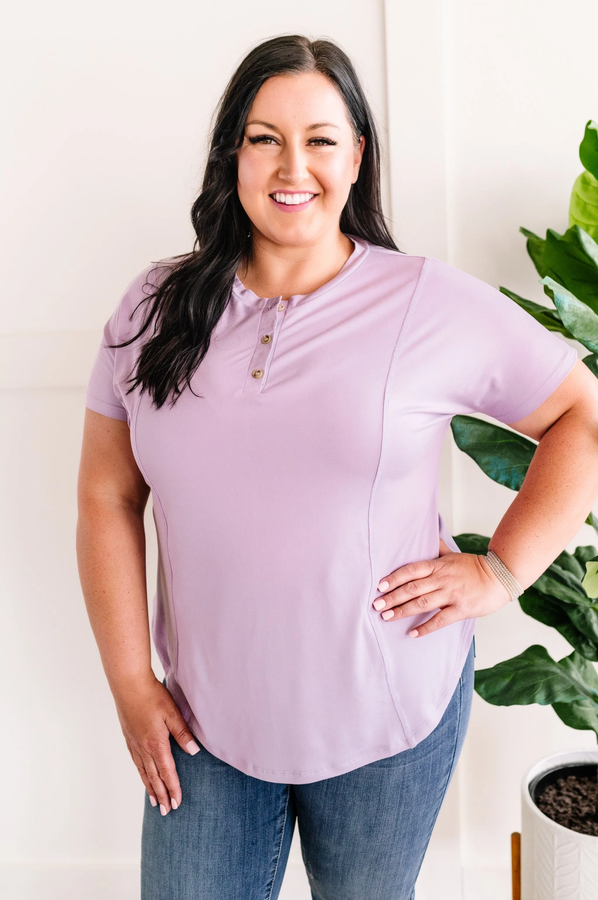 Simple Lines Button Henley Top In Lavender