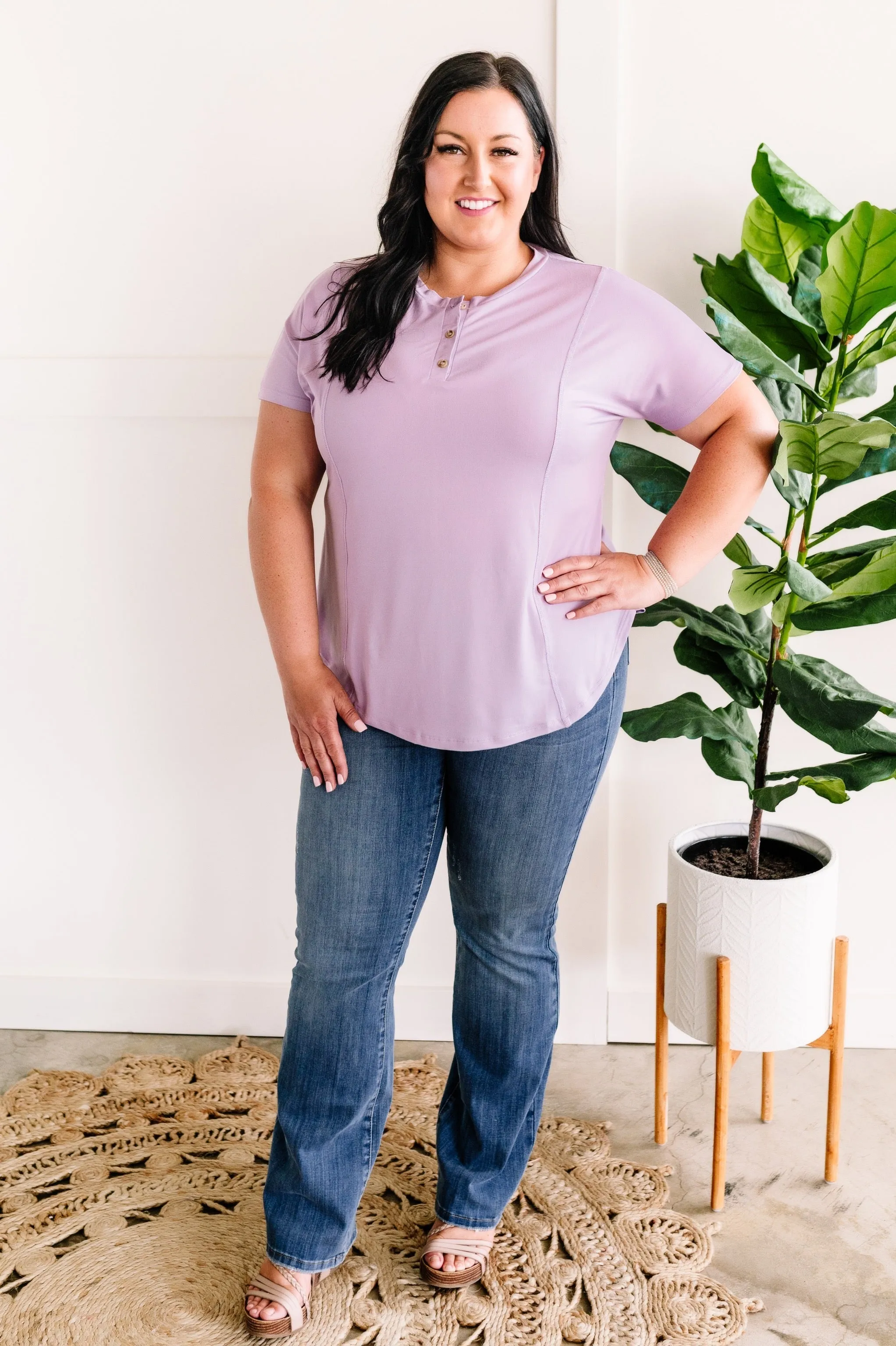 Simple Lines Button Henley Top In Lavender