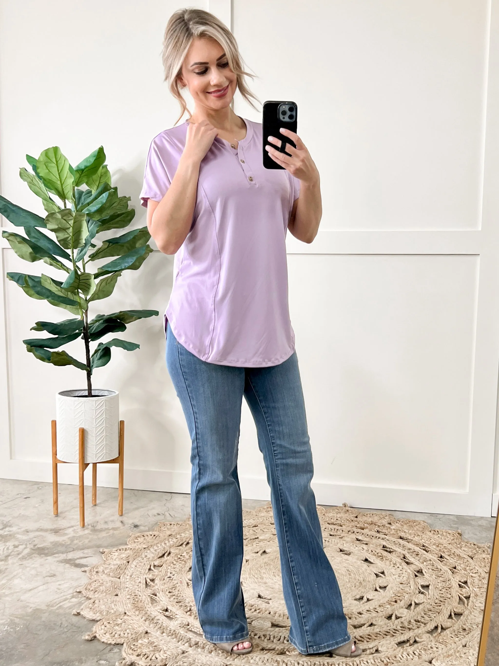 Simple Lines Button Henley Top In Lavender