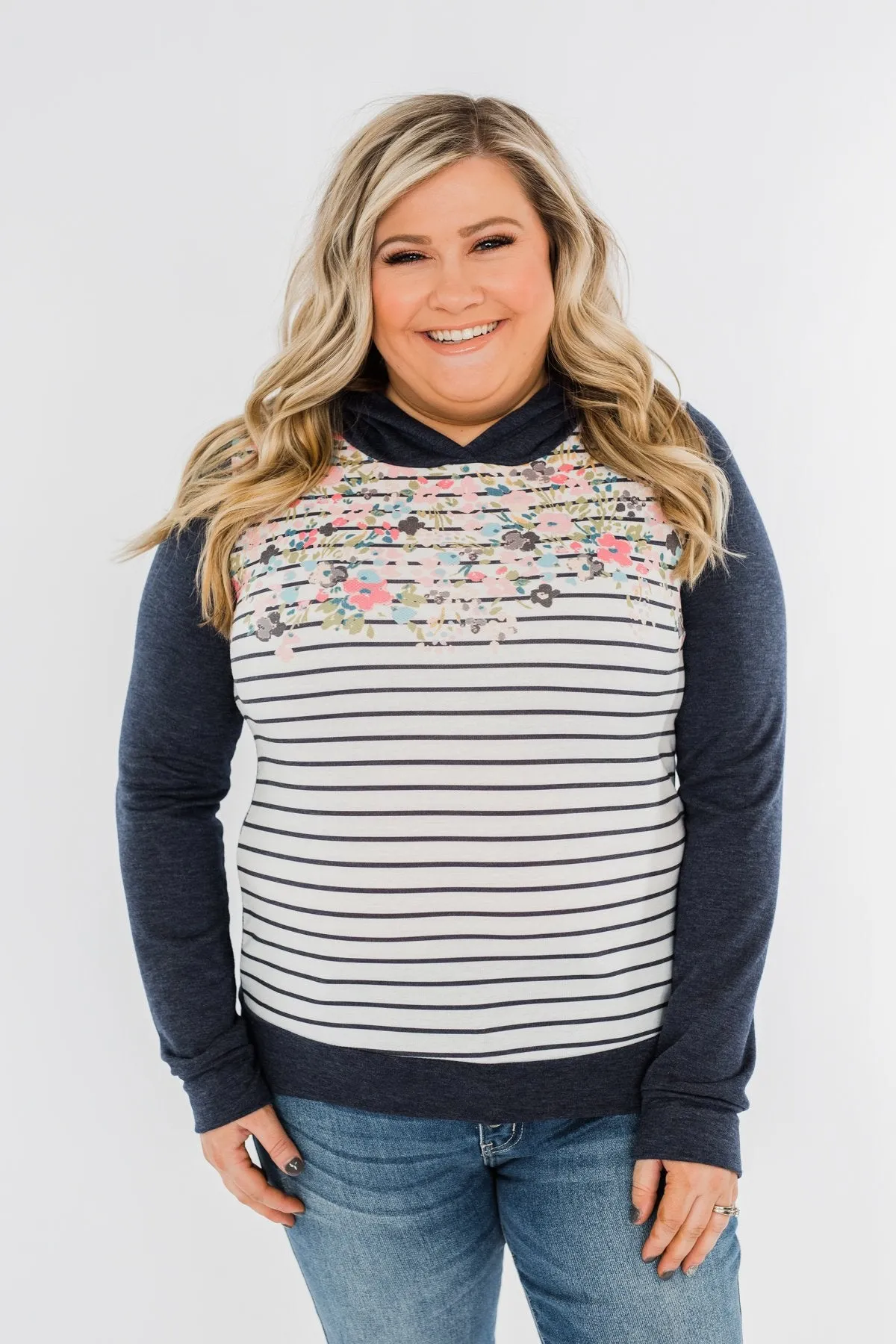 Simple Pleasures Floral & Stripes Hoodie- Navy