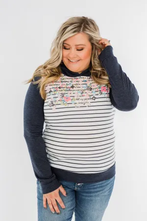 Simple Pleasures Floral & Stripes Hoodie- Navy
