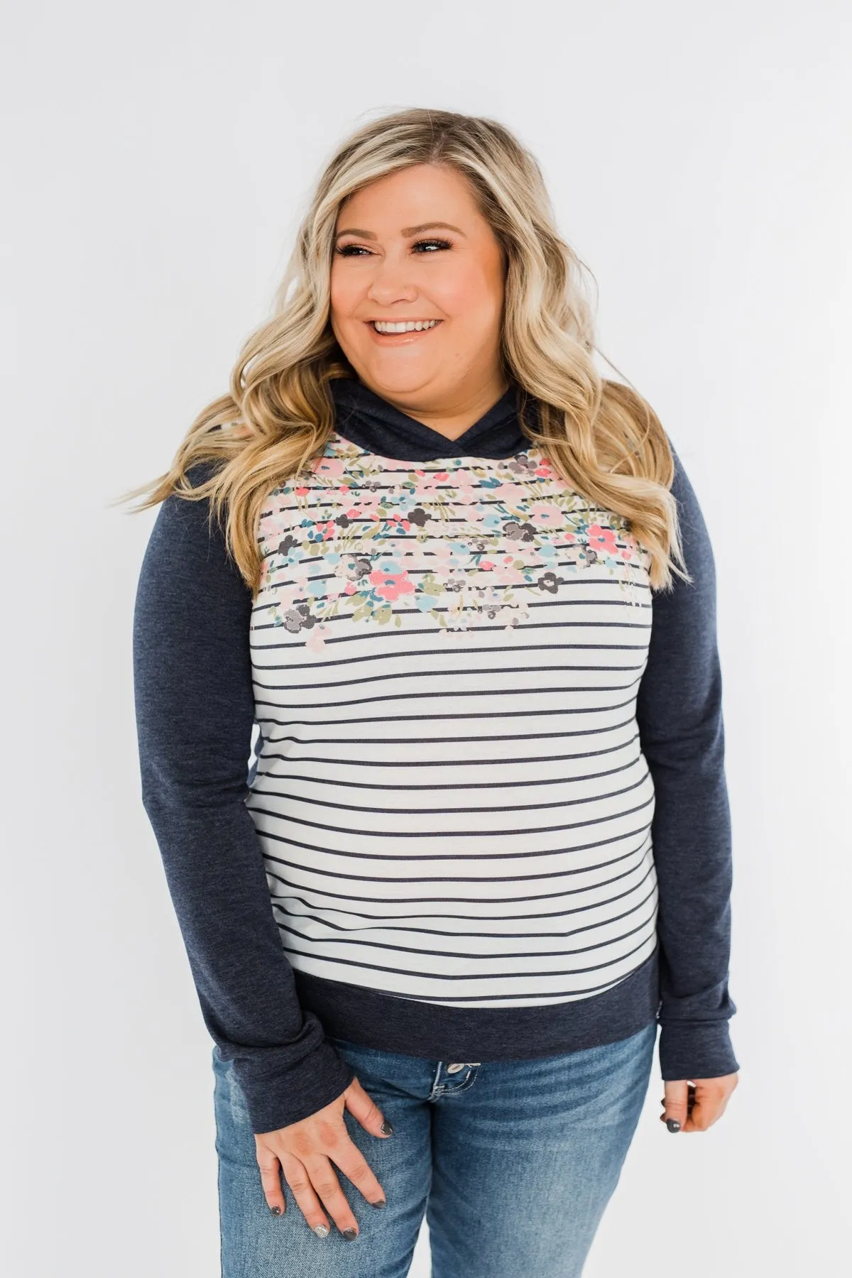 Simple Pleasures Floral & Stripes Hoodie- Navy