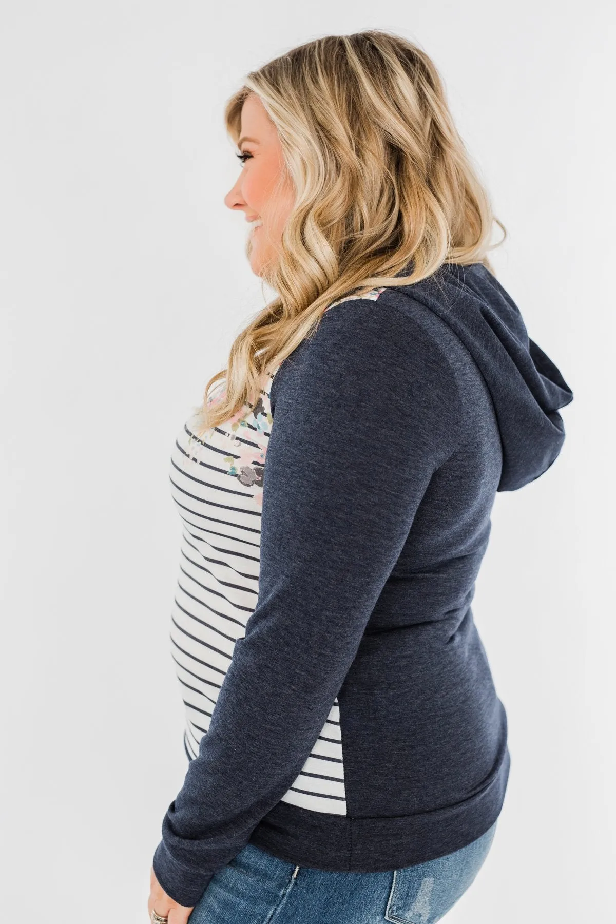 Simple Pleasures Floral & Stripes Hoodie- Navy