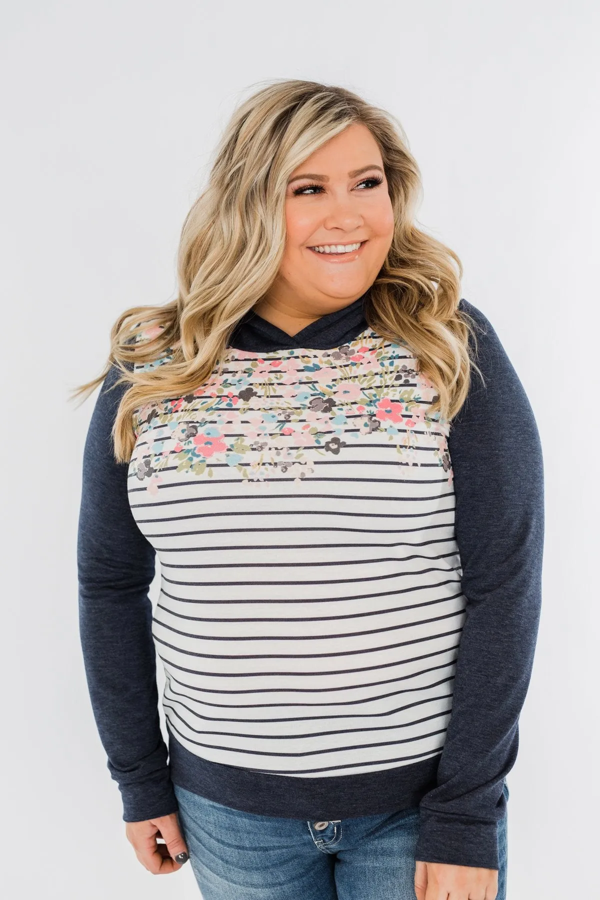 Simple Pleasures Floral & Stripes Hoodie- Navy