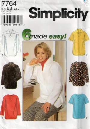 Simplicity 7764 EASY Womens Pullover Tops 6 Styles 1990s Vintage Sewing Pattern Size L, XL UNCUT Factory Folded