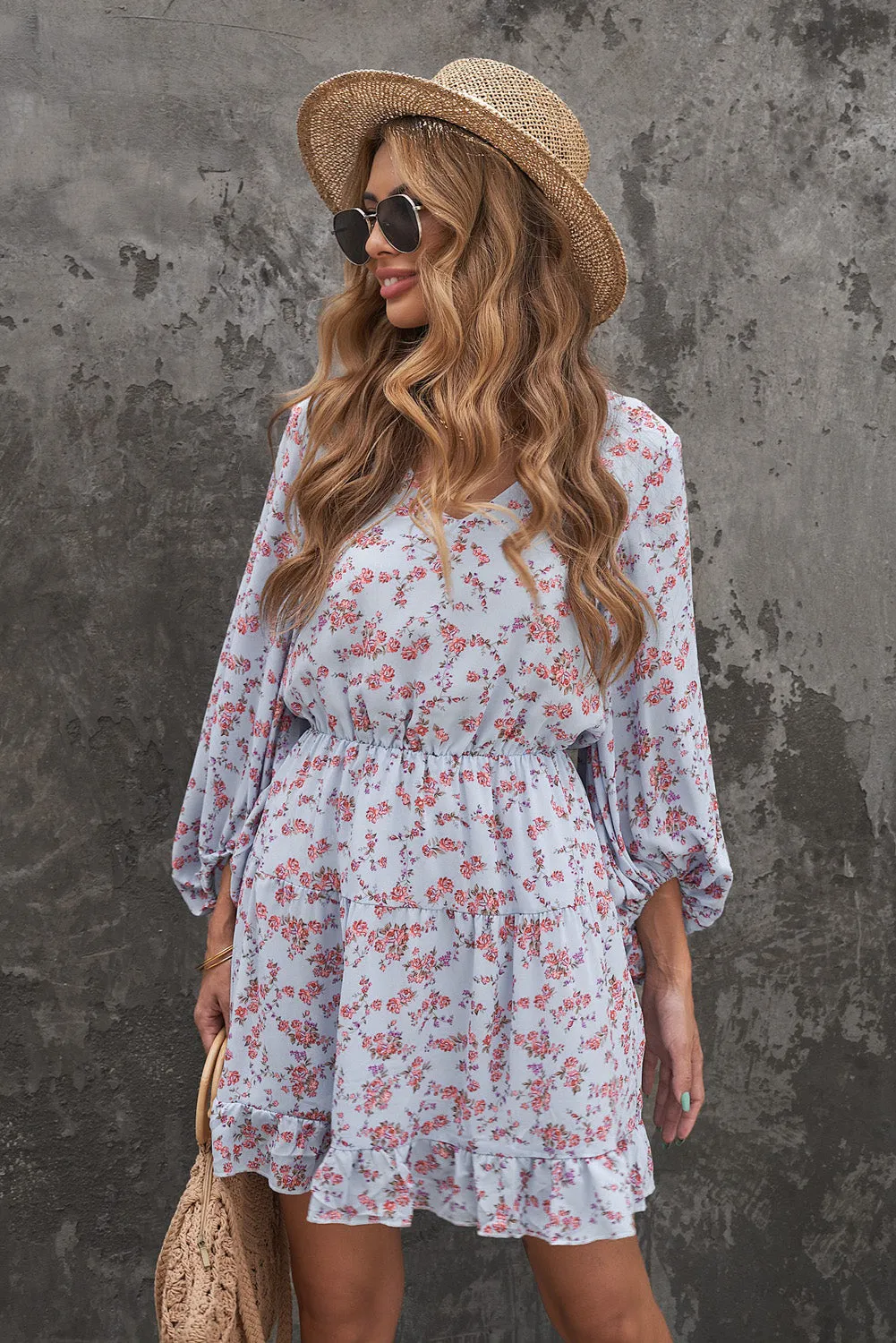 Sky Blue Sky Blue/Blue/Apricot V Neck Lantern Sleeves Floral Tunic Dress