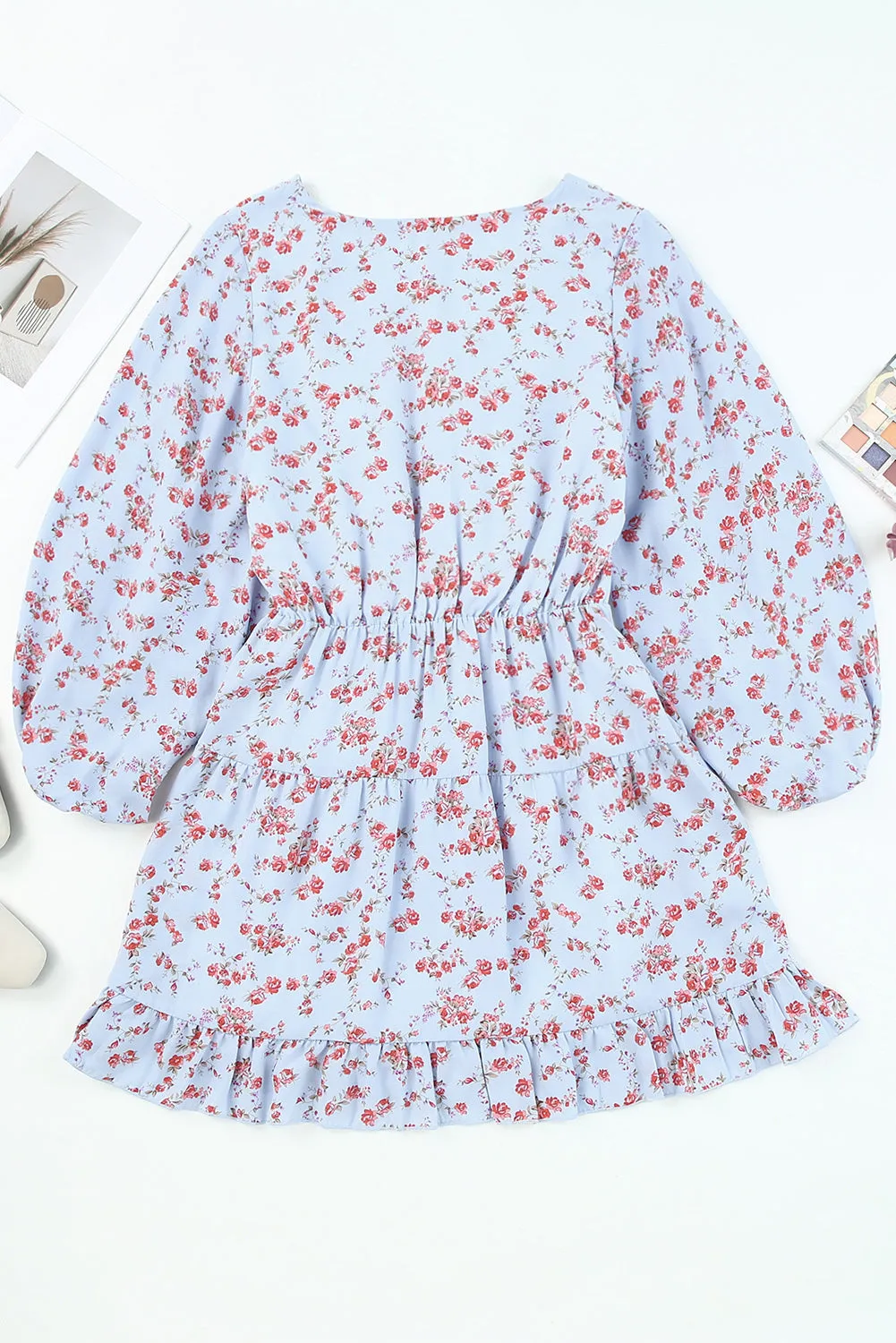 Sky Blue Sky Blue/Blue/Apricot V Neck Lantern Sleeves Floral Tunic Dress