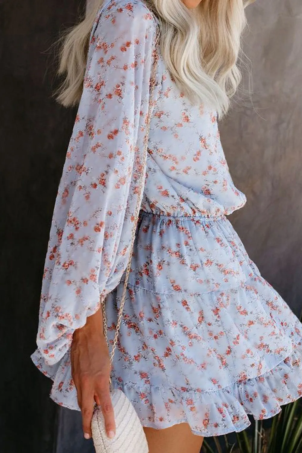 Sky Blue Sky Blue/Blue/Apricot V Neck Lantern Sleeves Floral Tunic Dress