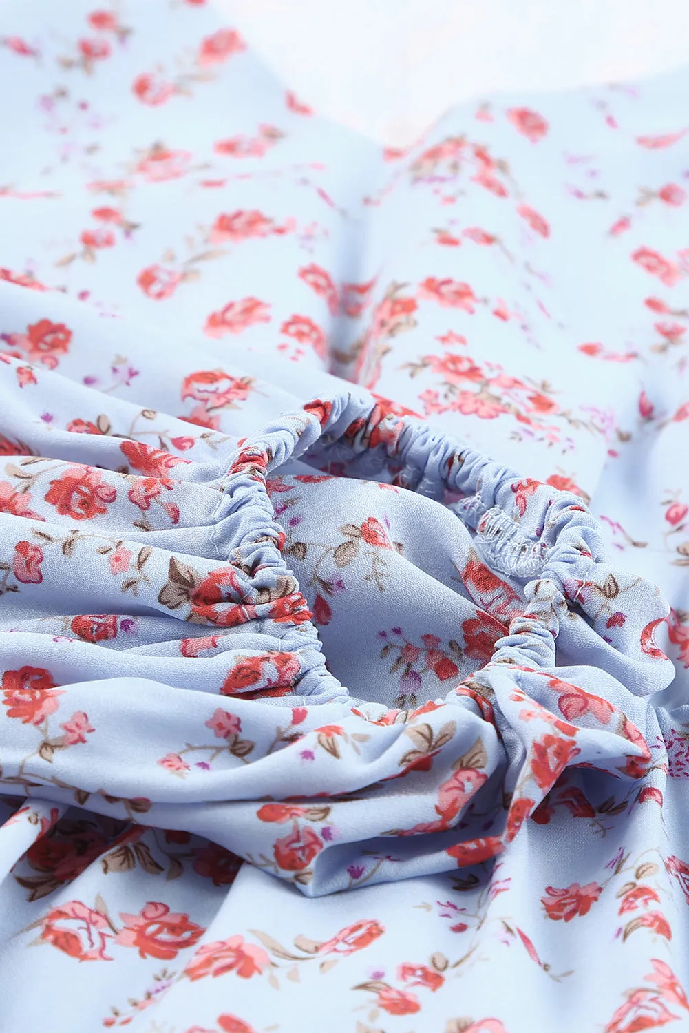 Sky Blue Sky Blue/Blue/Apricot V Neck Lantern Sleeves Floral Tunic Dress