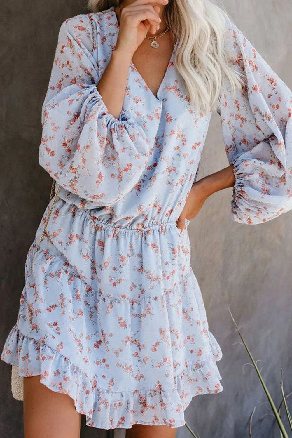 Sky Blue Sky Blue/Blue/Apricot V Neck Lantern Sleeves Floral Tunic Dress