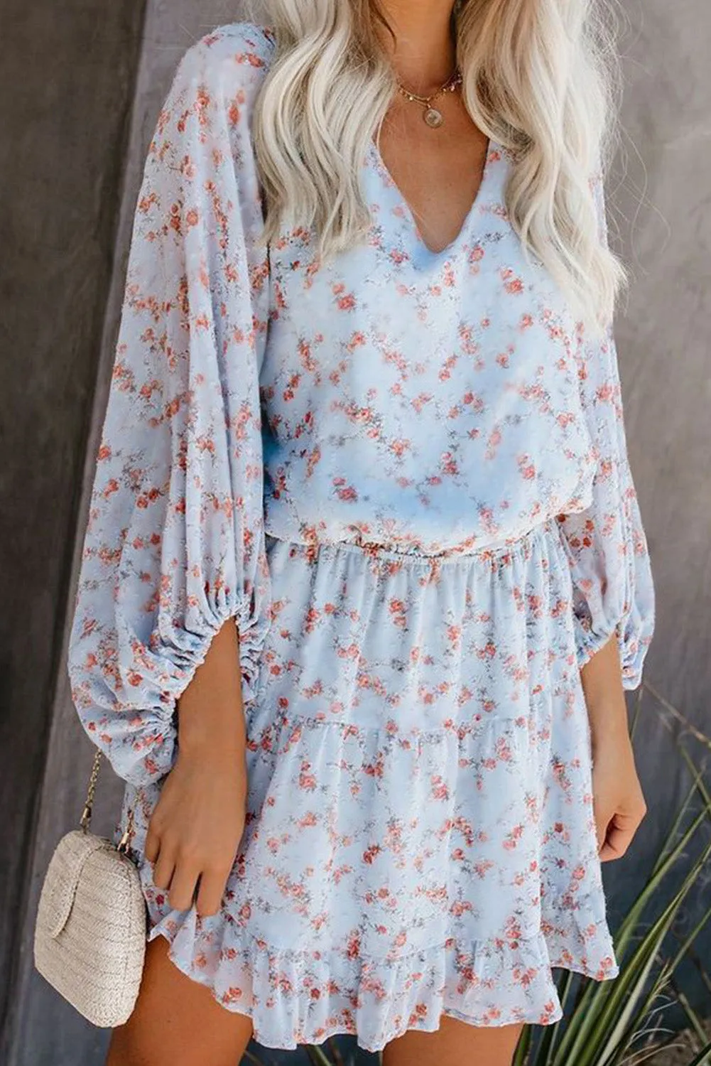 Sky Blue Sky Blue/Blue/Apricot V Neck Lantern Sleeves Floral Tunic Dress