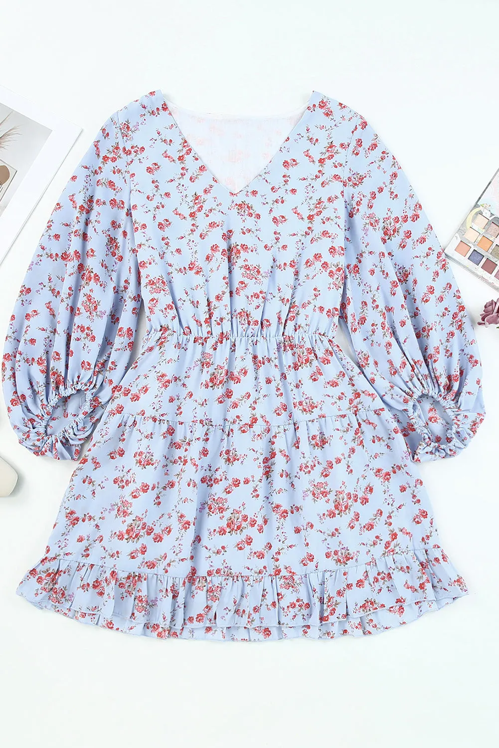 Sky Blue Sky Blue/Blue/Apricot V Neck Lantern Sleeves Floral Tunic Dress