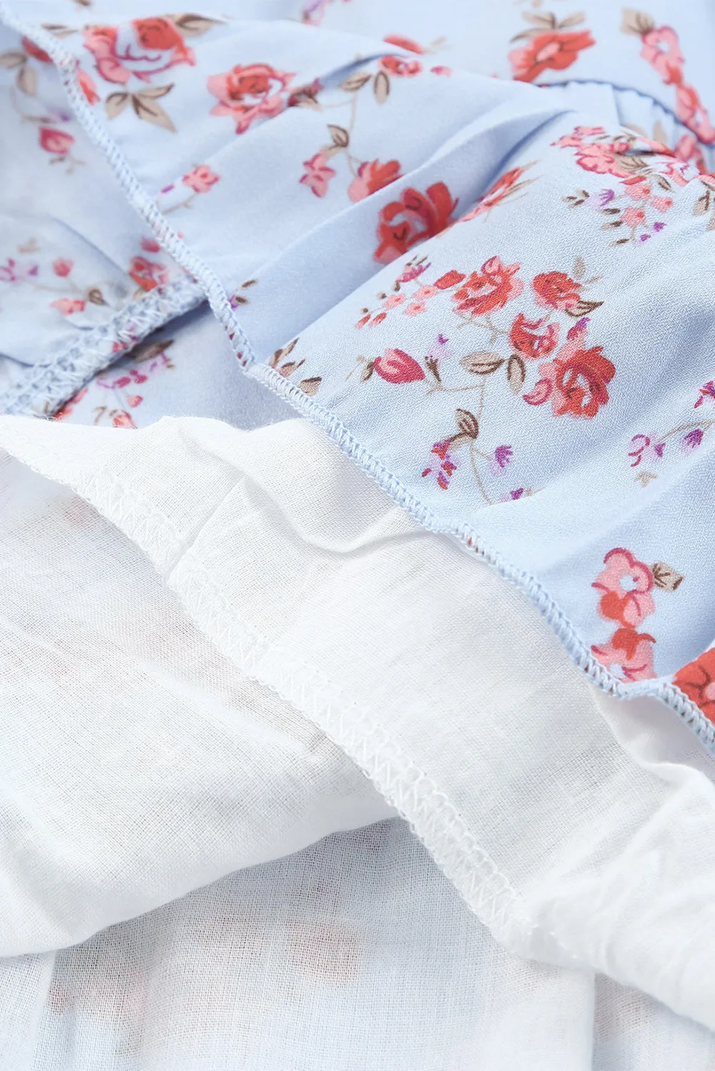 Sky Blue Sky Blue/Blue/Apricot V Neck Lantern Sleeves Floral Tunic Dress