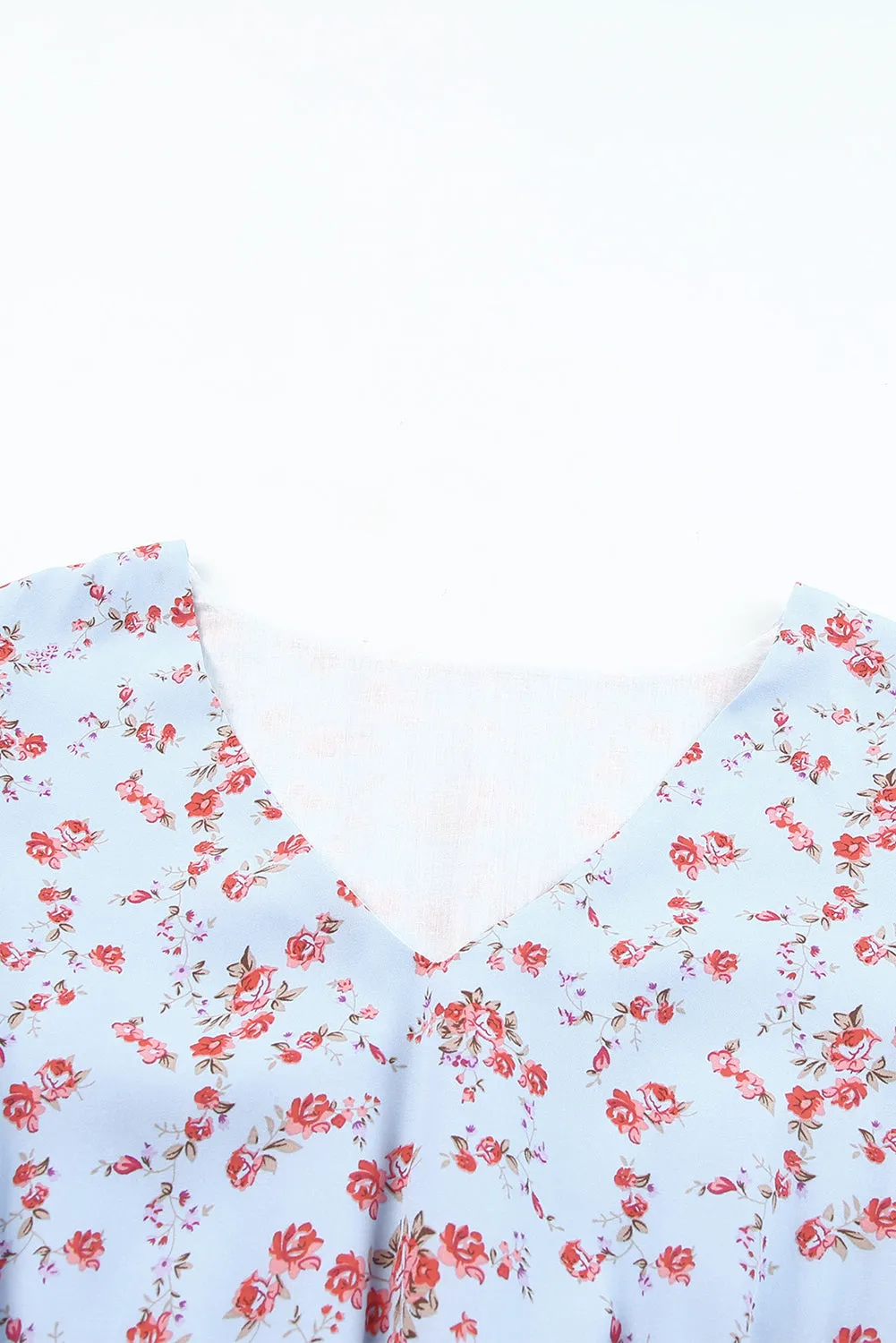 Sky Blue Sky Blue/Blue/Apricot V Neck Lantern Sleeves Floral Tunic Dress
