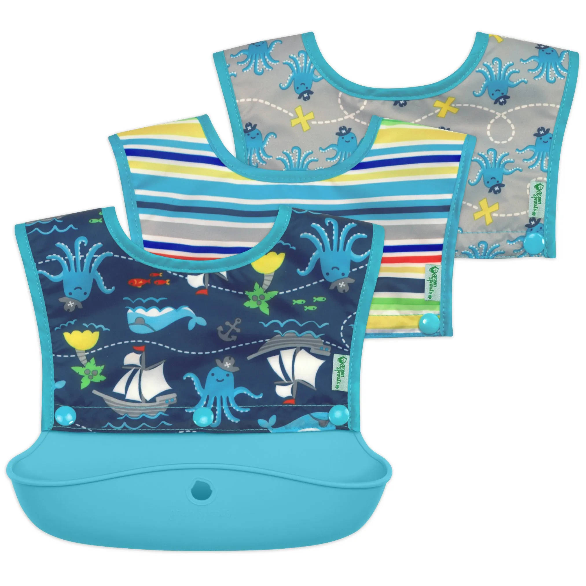 Snap & Go™ Silicone Food-Catcher Bib Aqua Pirate (2-In-1 Set of 2 bibs (Min. of 2)