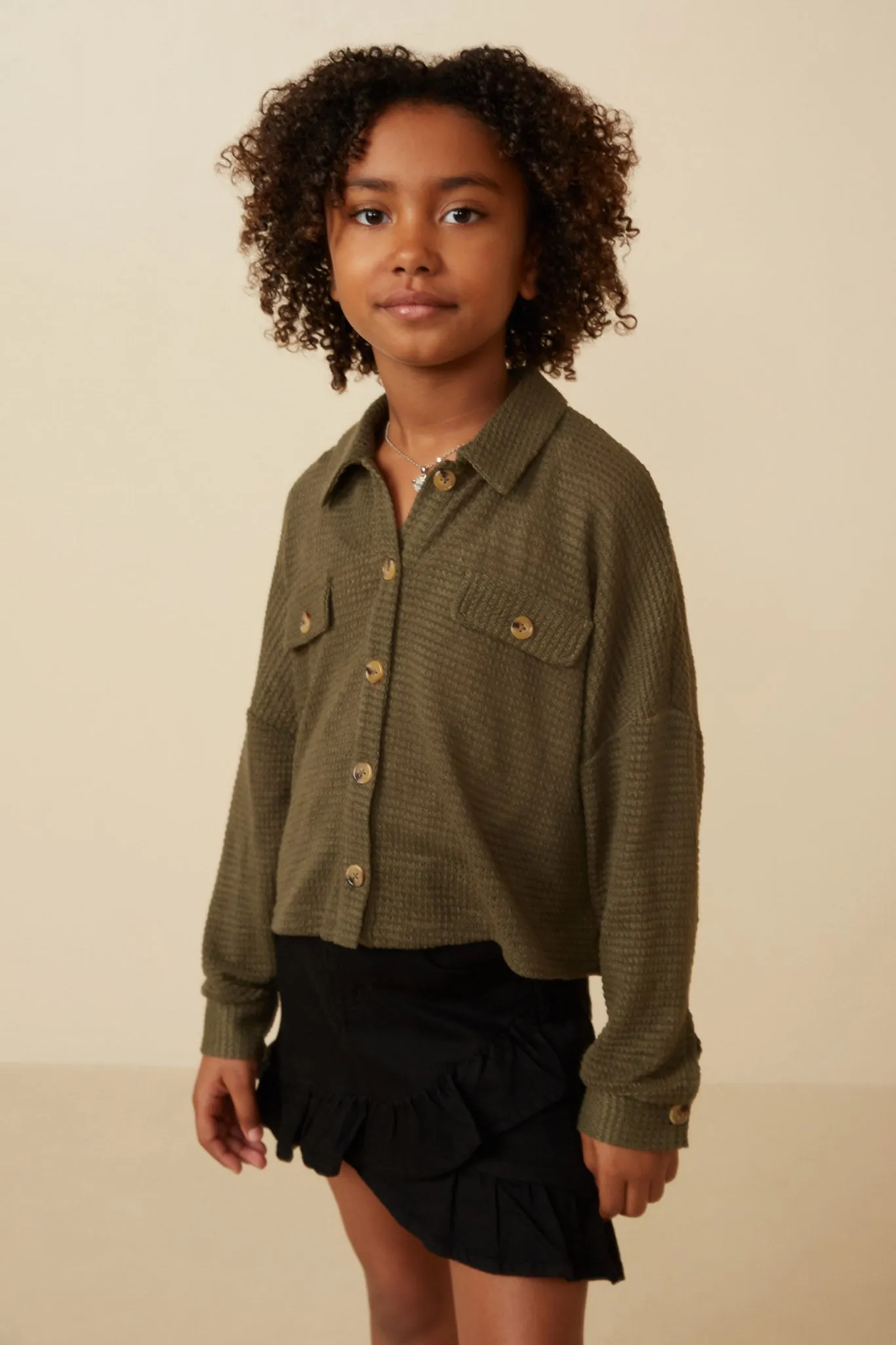 Soft Waffle Knit Dolman Button Up Shirt