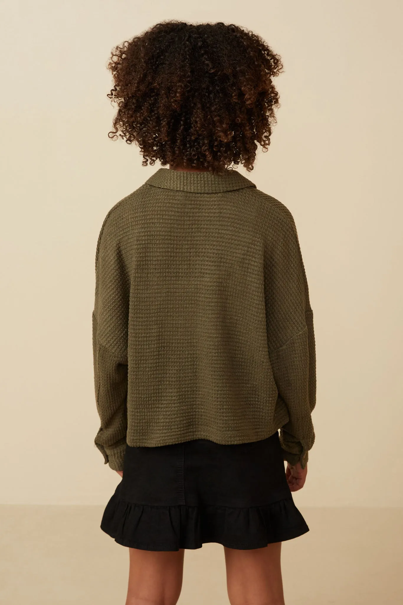 Soft Waffle Knit Dolman Button Up Shirt